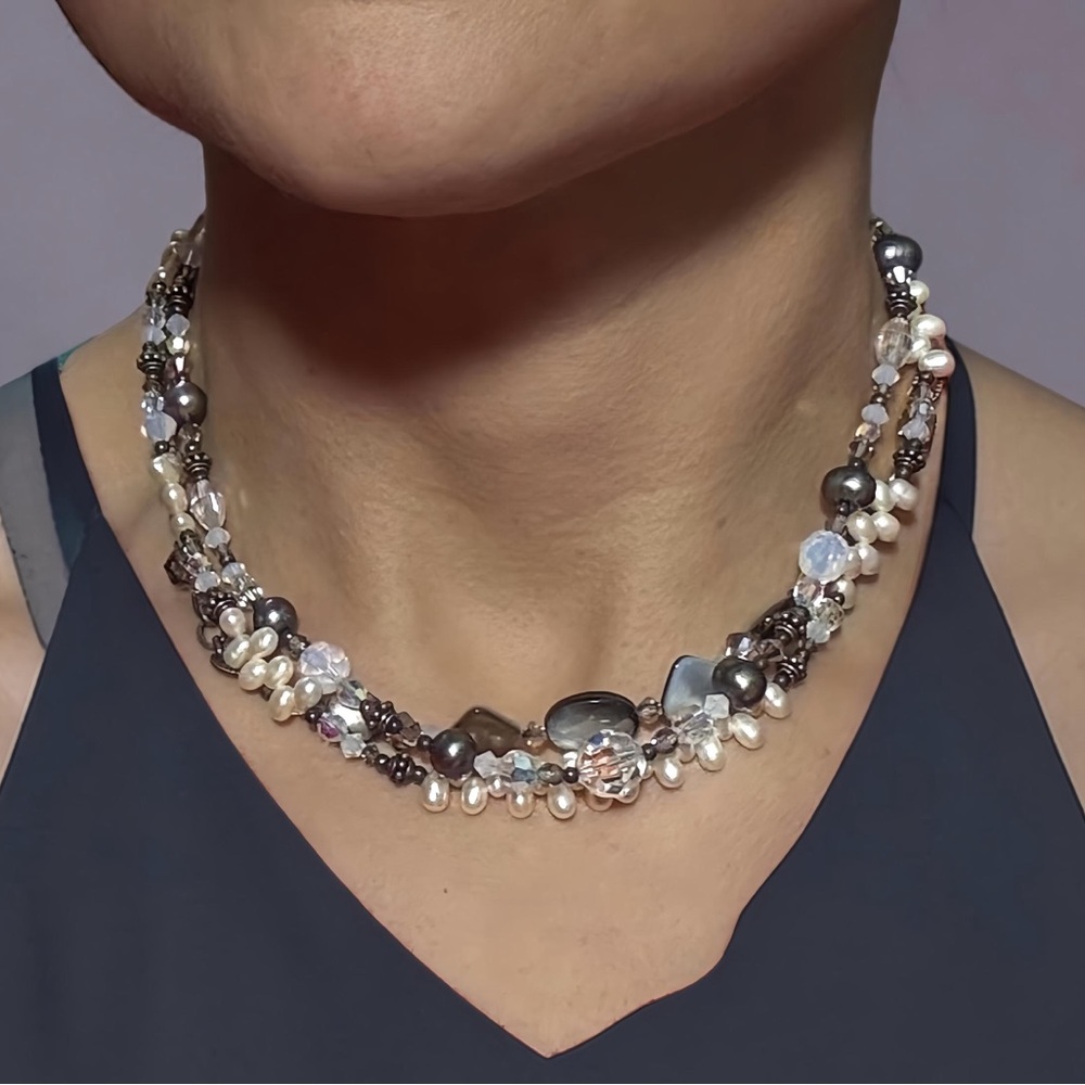 Tres Jolie pearl, stone multi-strand necklace 16” Swarovski sterling silver